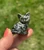Pyrite sitting cat held on fingertips against green grass, with glittering gold pyrite inclusions