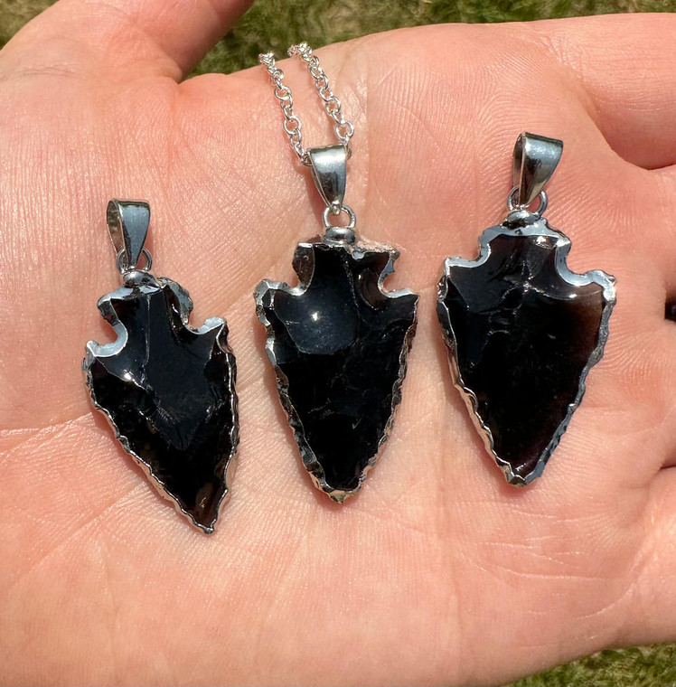 Black Obsidian Arrowhead Pendant (Silver Color Finish)