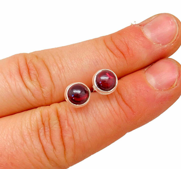 Garnet Polished Round Stud Earrings - Sterling Silver
