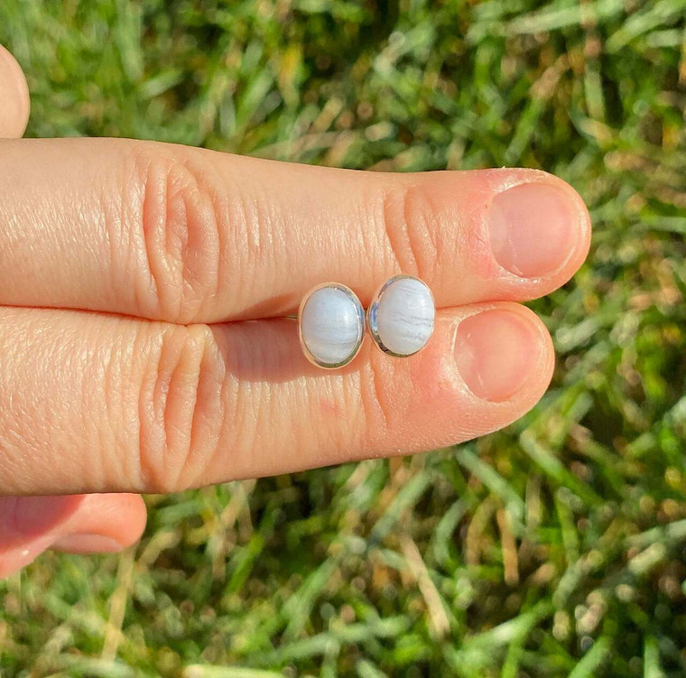 Blue Lace Agate Polished Oval Stud Earrings - Sterling Silver