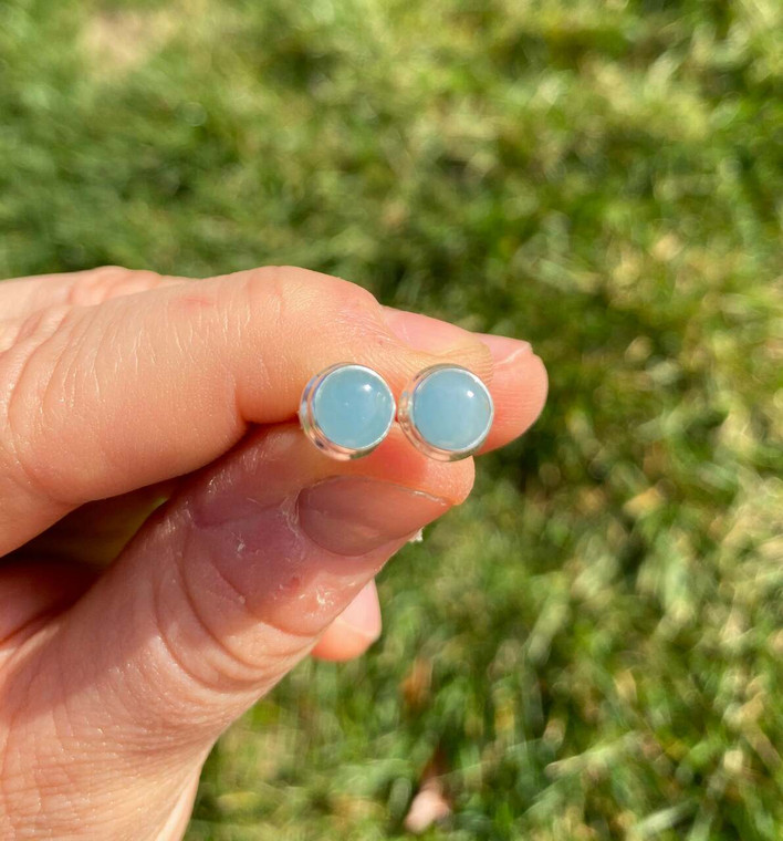 Aquamarine Polished Round Stud Earrings - Sterling Silver