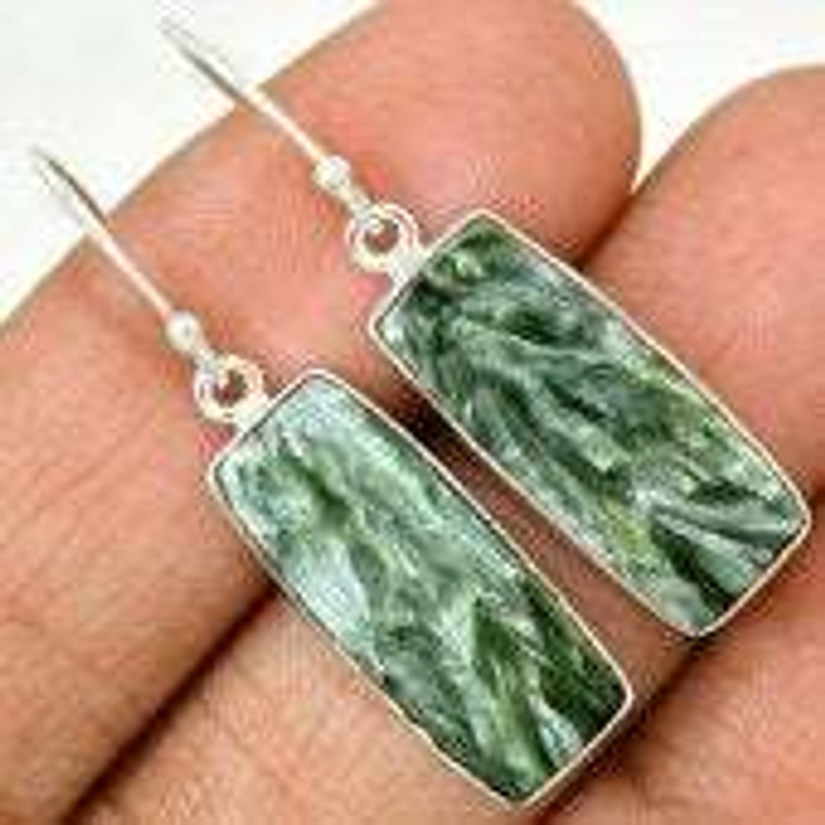 Seraphinite Polished Rectangle Dangle Earrings - Sterling Silver - 477