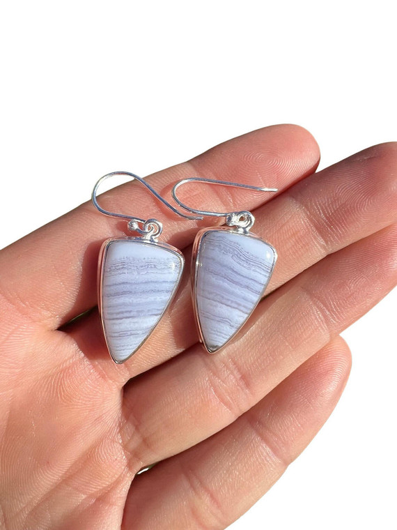Blue Lace Agate Polished Triangle Dangle Earrings - Sterling Silver - No.420 