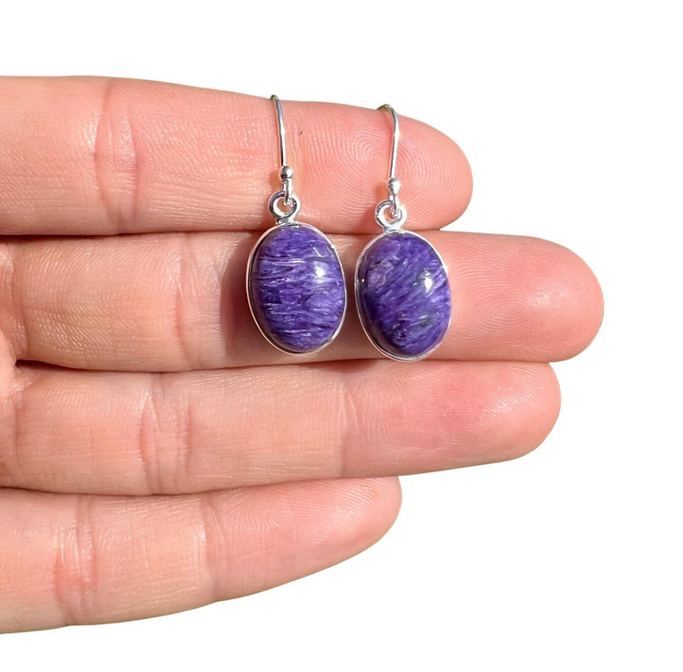 Charoite Polished Oval Dangle Earrings - Sterling Silver - No.444 