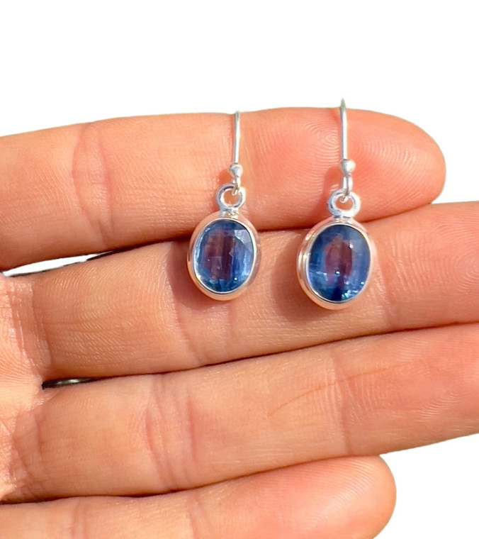 Blue Kyanite Polished Oval Dangle Earrings - Sterling Silver - No.48 