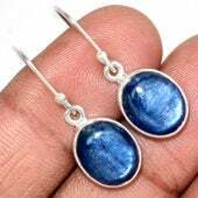 Blue Kyanite Polished Oval Dangle Earrings - Sterling Silver - 562
