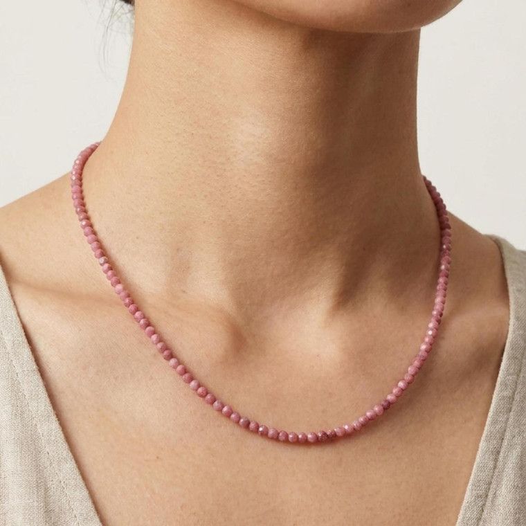 Dainty Faceted Rhodonite Gemstone Necklace (3mm Beads) 
