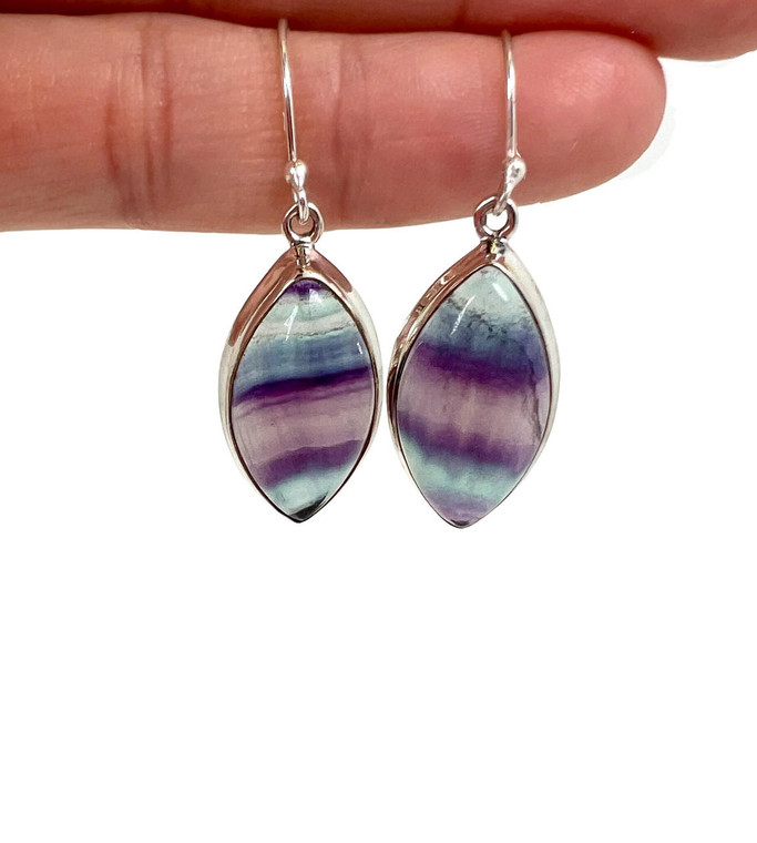 Rainbow Fluorite Polished Marquise Dangle Earrings - Sterling Silver - No.97 