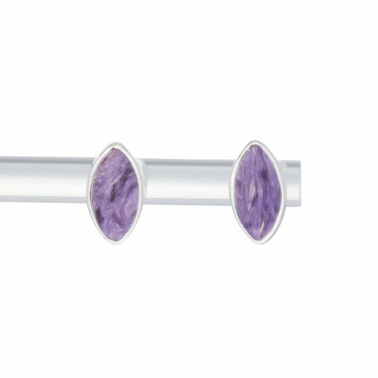 Charoite Polished Marquise Stud Earrings - Sterling Silver
