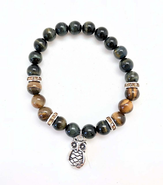 Courage and Guidance Elastic Bracelet with Owl Charm Silver - 8mm Beads