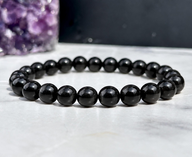 Black Tourmaline Elastic Bracelet - 6mm & 8mm Beads 