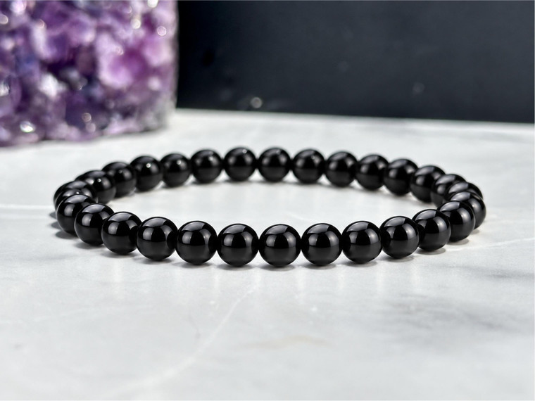 Black Obsidian Elastic Bracelet - 6mm & 8mm Beads 