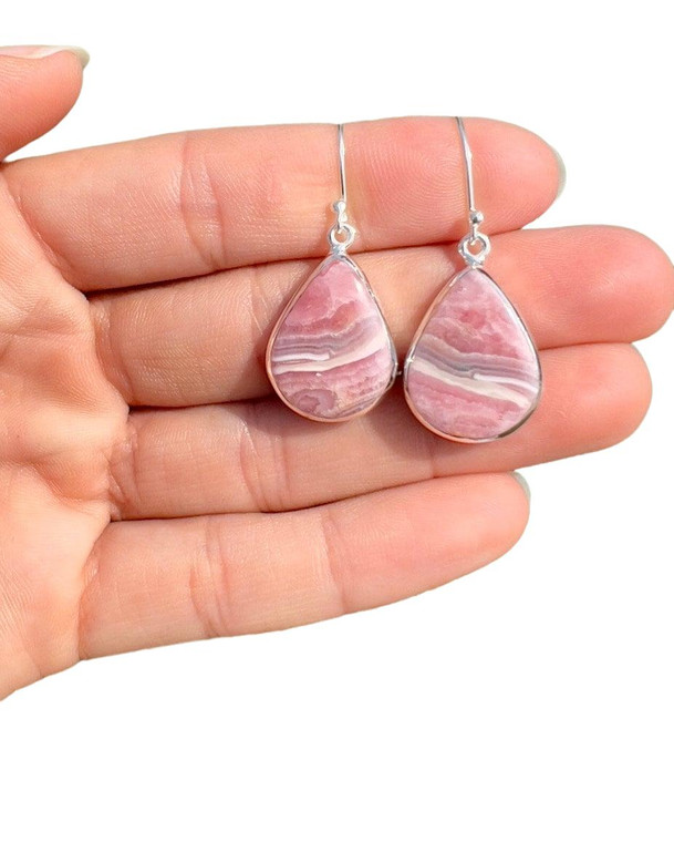 Rhodochrosite Polished Teardrop Dangle Earrings - Sterling Silver - No.480 