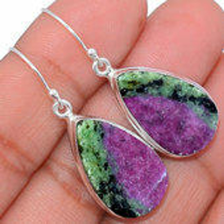 Ruby In Zoisite Polished Teardrop Dangle Earrings - Sterling Silver - 41