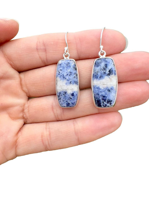 Sodalite Polished Rectangle Dangle Earrings - Sterling Silver - No.380 