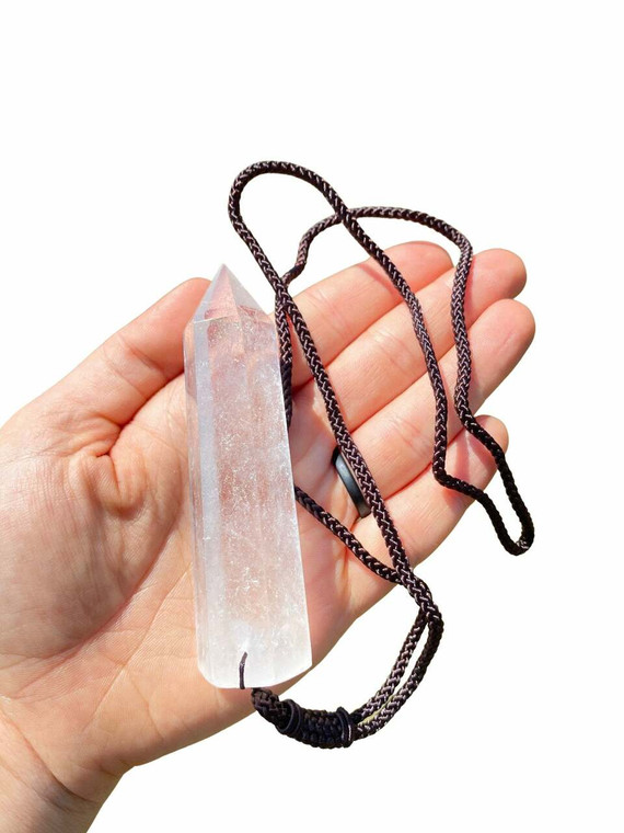 Clear Quartz Pendant with 28 Adjustable Black Cord - Polished Point Pendant in Drilled Setting