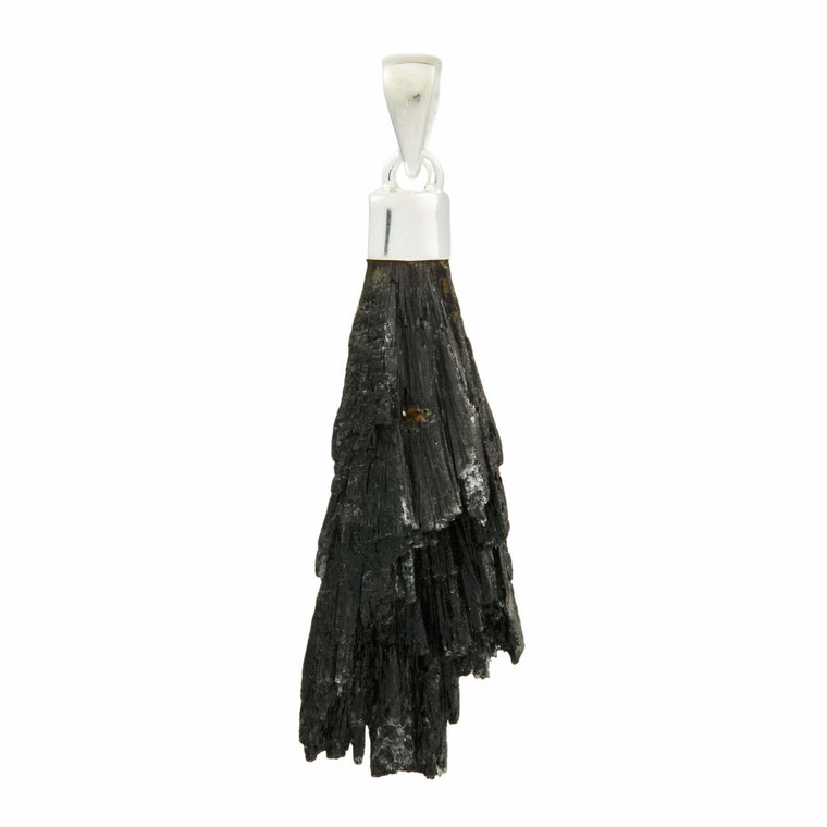 Black Kyanite Raw Natural Pendant in Capped Setting - Sterling Silver