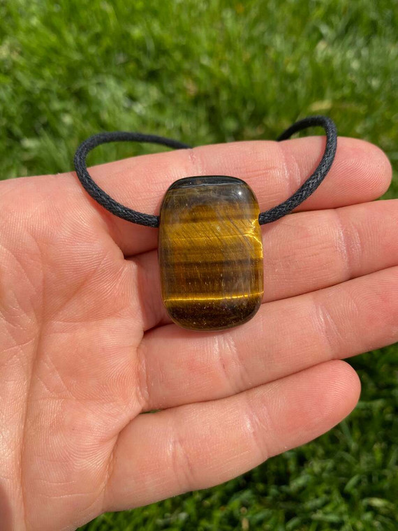 Tigers Eye Pendant with 28 Adjustable Black Cord - Polished Rectangle Pendant in Drilled Setting