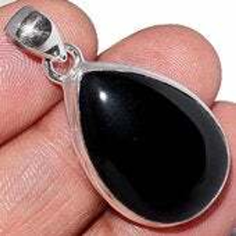 Black Onyx Polished Teardrop Pendant in Bezel Setting - Sterling Silver - 1620