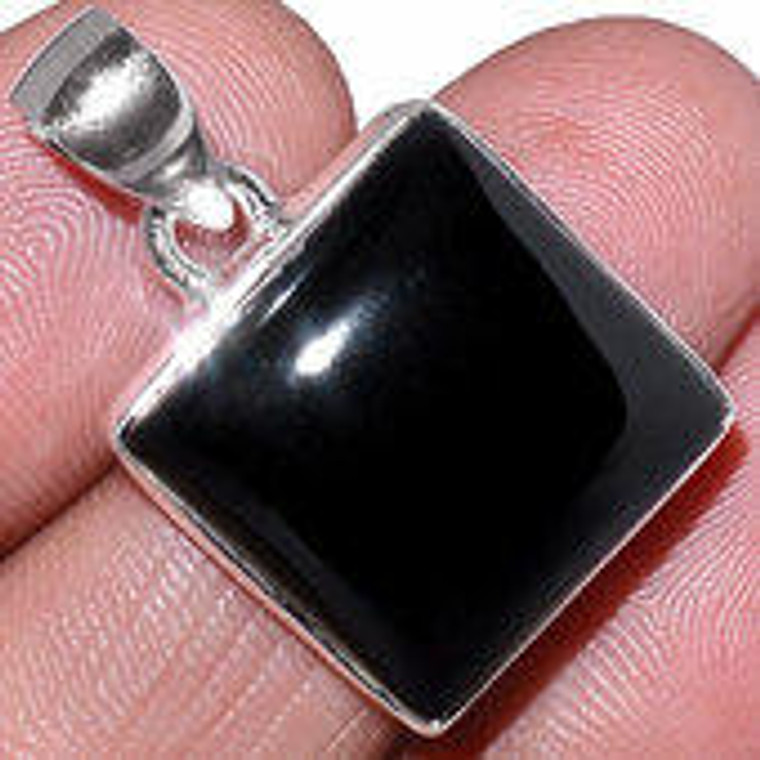 Black Onyx Polished Square Pendant in Bezel Setting - Sterling Silver - 1613