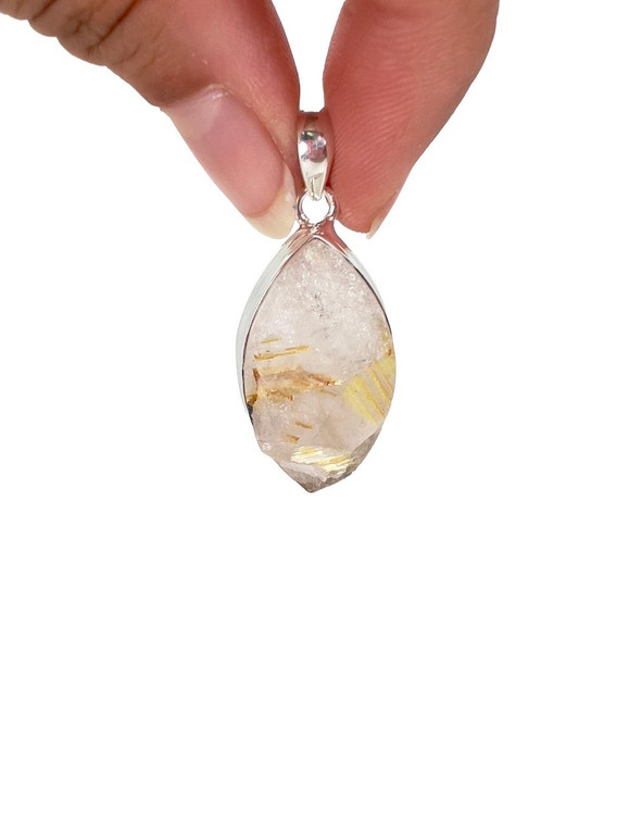 Rutilated Quartz Raw Marquise Pendant - Sterling Silver - No.23 