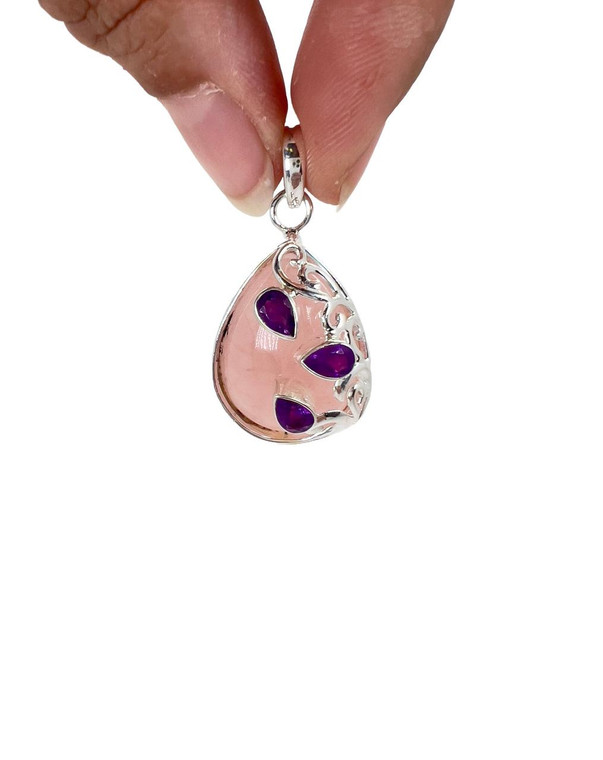 Rose Quartz & Amethyst Polished Teardrop Pendant - Sterling Silver - No.17 