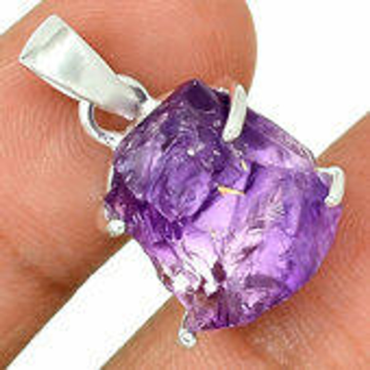 Amethyst Raw Natural Pendant in Prong Setting - Sterling Silver - 156