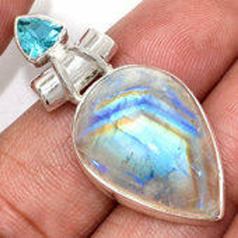Rainbow Moonstone and Blue Topaz Polished Teardrop Pendant in Bezel Setting - Sterling Silver - 3200
