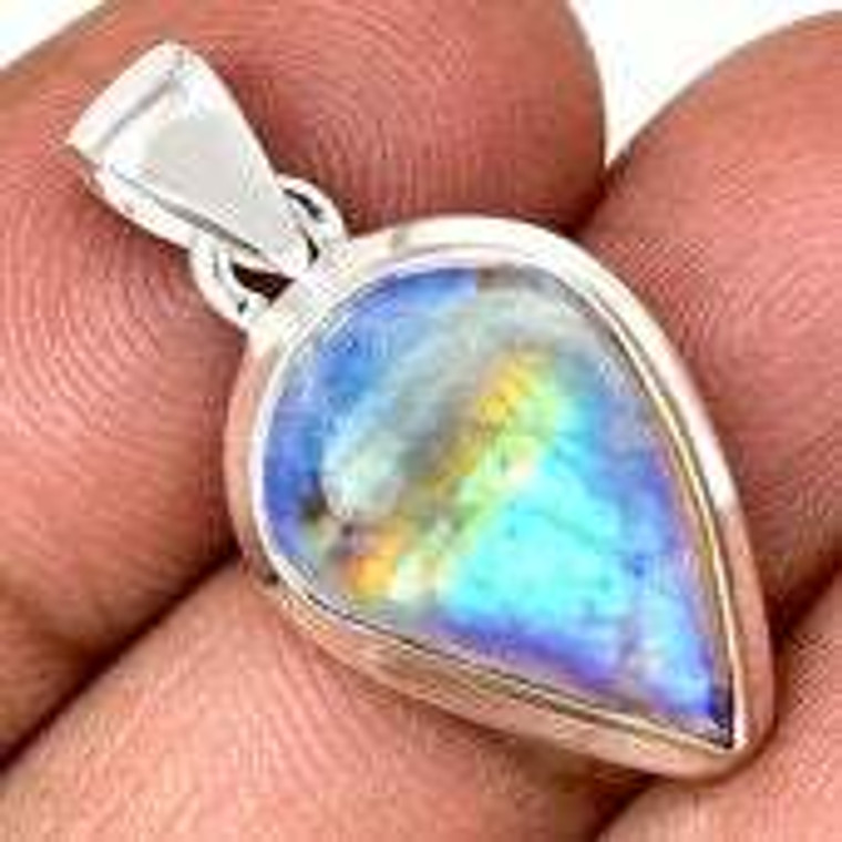 Rainbow Moonstone Polished Teardrop Pendant in Bezel Setting - Sterling Silver - 2914