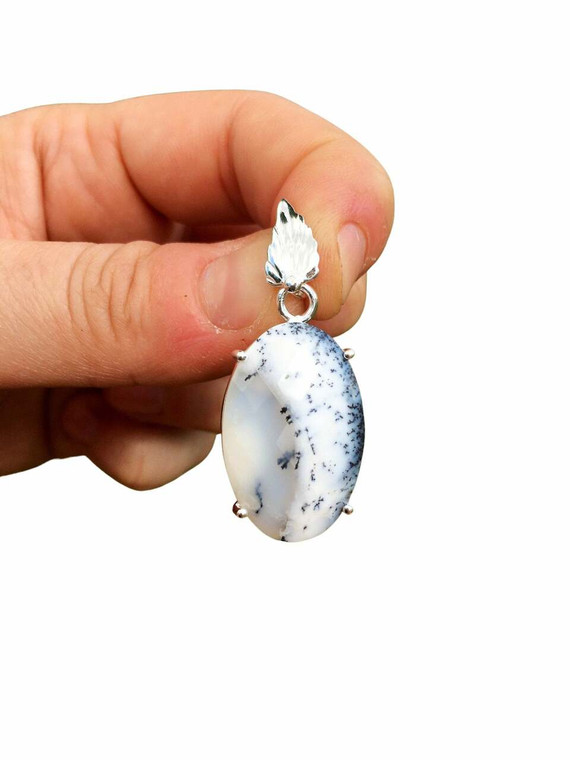 Dendritic Opal Polished Oval Pendant in Bezel Setting - Sterling Silver - 12
