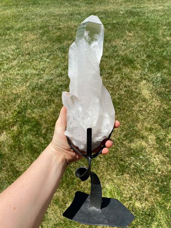 Raw Lemurian Quartz Crystal Point on Metal Stand - 4