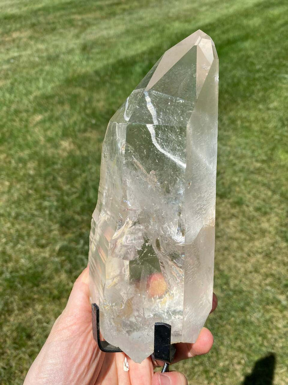 Raw Lemurian Quartz Crystal Point on Metal Stand - 5