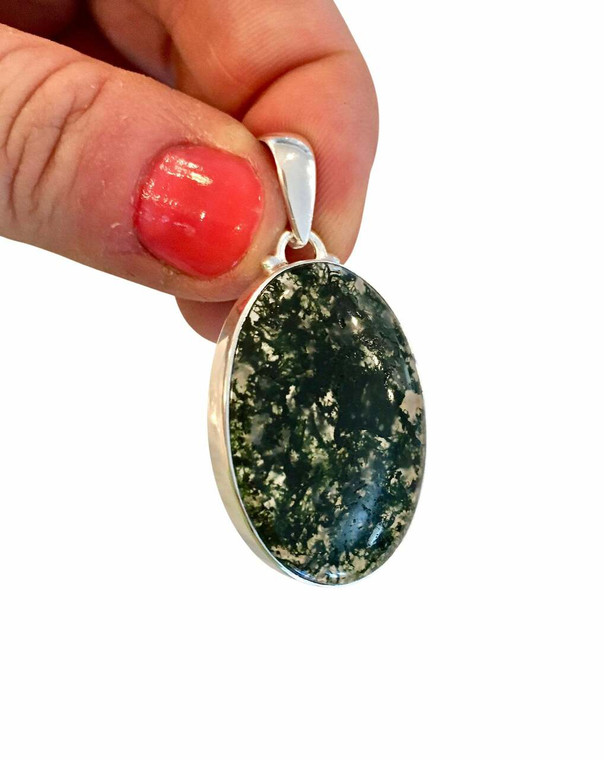 Moss Agate Polished Oval Pendant in Bezel Setting - Sterling Silver - 10