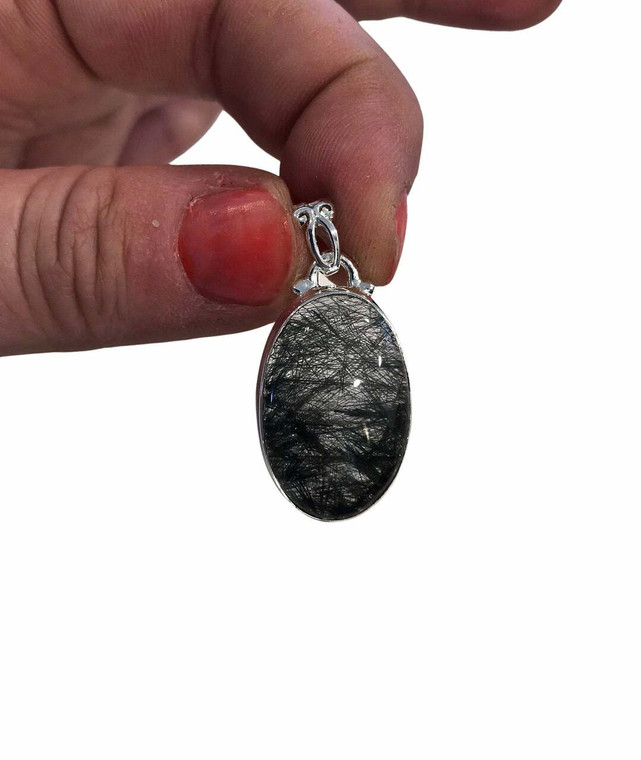 Tourmalinated Quartz Polished Oval Pendant in Bezel Setting - Sterling Silver - 32