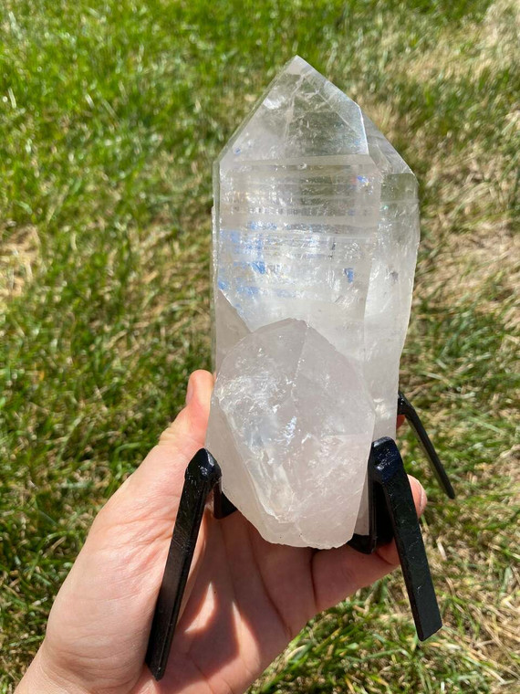 Raw Lemurian Quartz Crystal Point on Metal Stand - 18