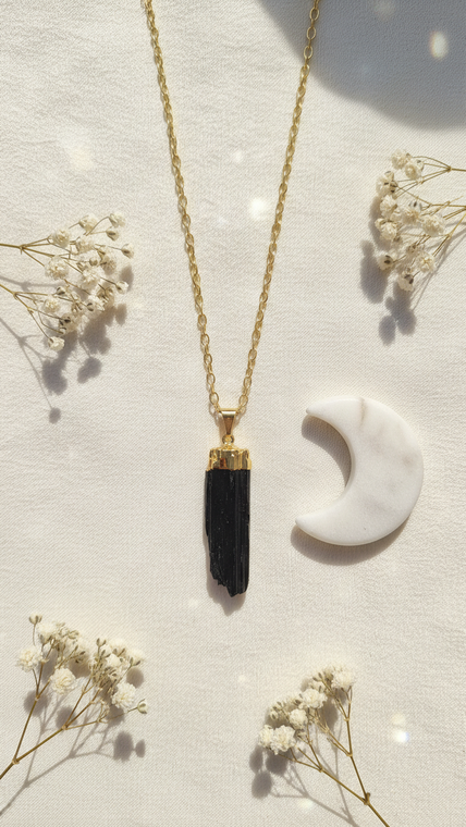 Black Tourmaline Raw Pendant - Plated