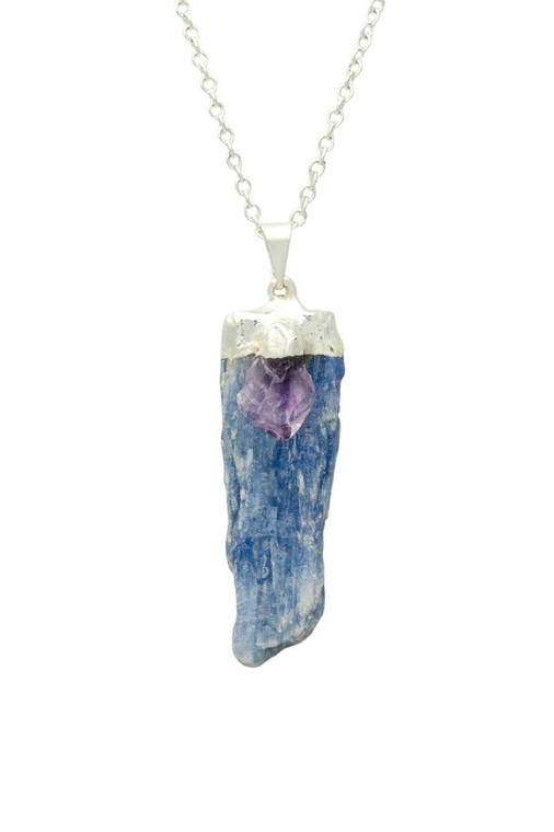Amethyst and Blue Kyanite Raw Pendant in Plated Setting