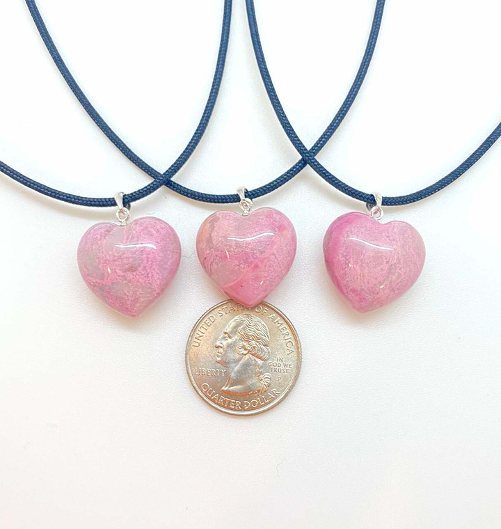 Rhodonite Pendant with 28 Adjustable Black Cord - Polished Heart Pendant in Drilled Setting