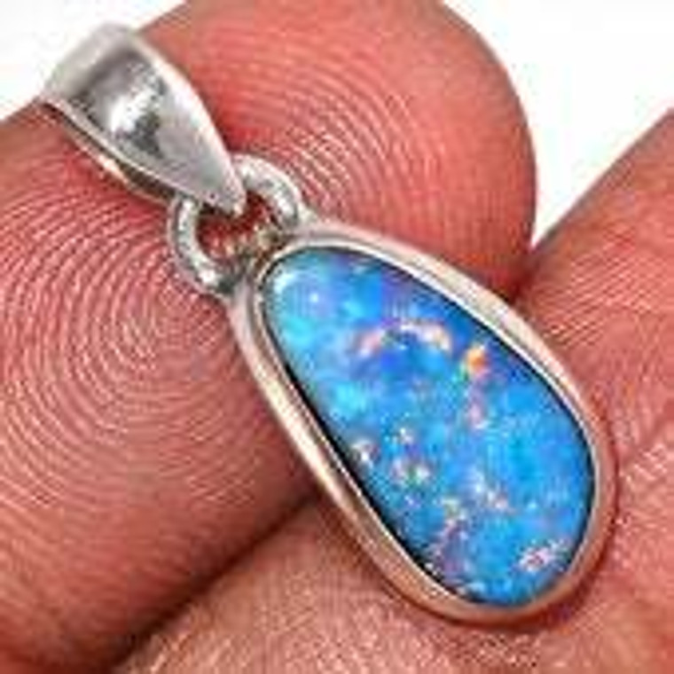 Blue Opal Polished Natural Pendant in Bezel Setting - Sterling Silver - 1537