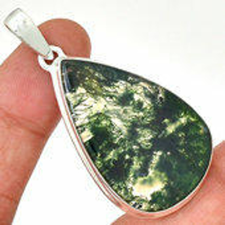 Moss Agate Polished Teardrop Pendant in Bezel Setting - Sterling Silver - 679