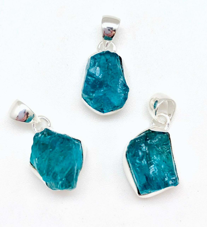 Blue Apatite Raw Natural Pendant in Bezel Setting - Sterling Silver