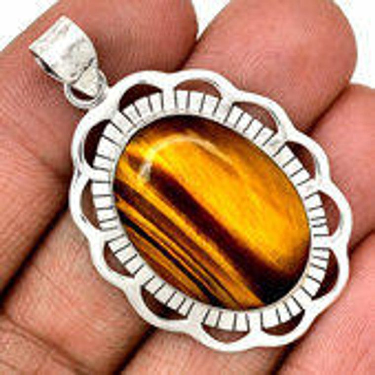 Tigers Eye Polished Oval Pendant in Bezel Setting - Sterling Silver - 1243