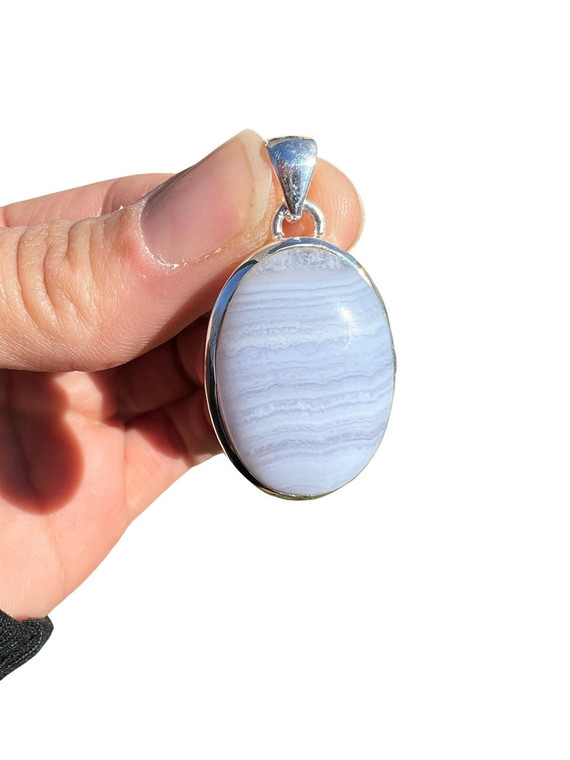 Blue Lace Agate Polished Oval Pendant - Sterling Silver - No.1250 