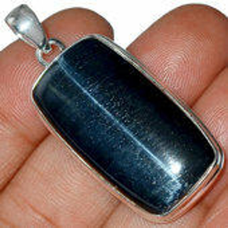 Blue Tigers Eye Polished Rectangle Pendant in Bezel Setting - Sterling Silver - 283