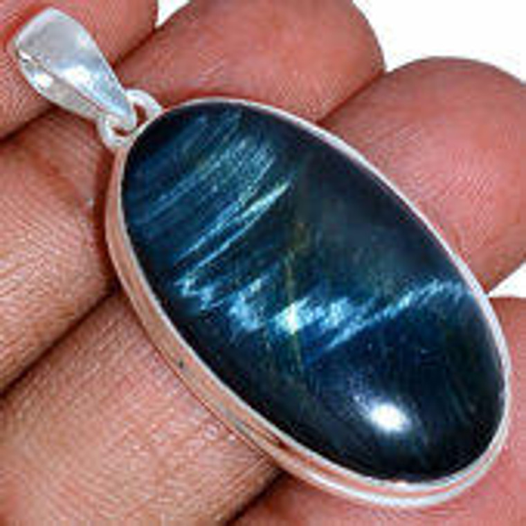 Blue Tigers Eye Polished Oval Pendant in Bezel Setting - Sterling Silver - 315