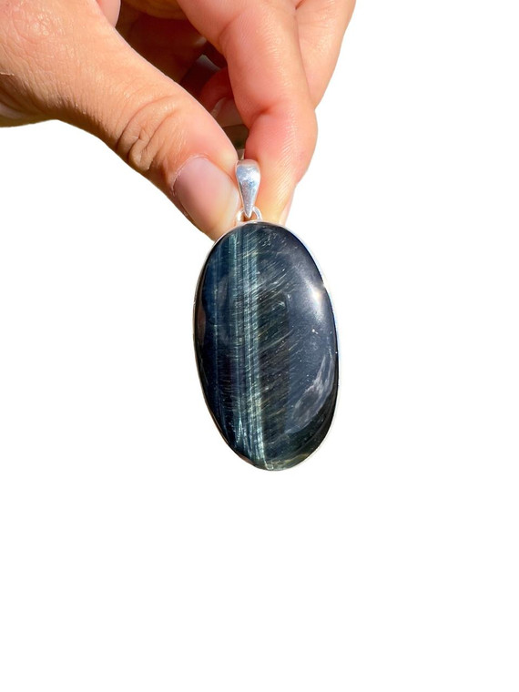 Blue Tigers Eye Polished Oval Pendant - Sterling Silver - No.326 