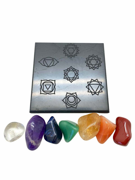 Shungite Tile with Engraved Chakra Symbols and Tumbled Stone Set