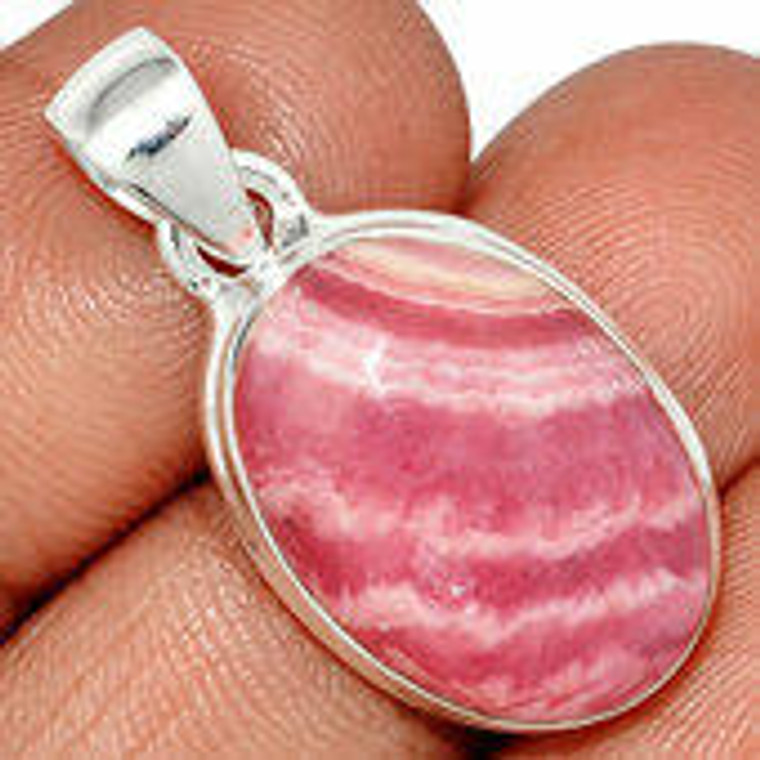 Rhodochrosite Polished Oval Pendant in Bezel Setting - Sterling Silver - 1759