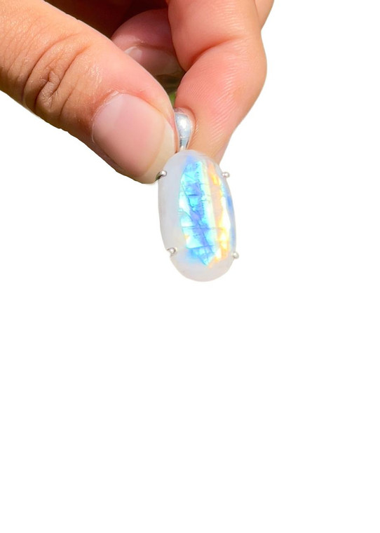 Rainbow Moonstone Polished Oval Pendant - Sterling Silver - No.1038 