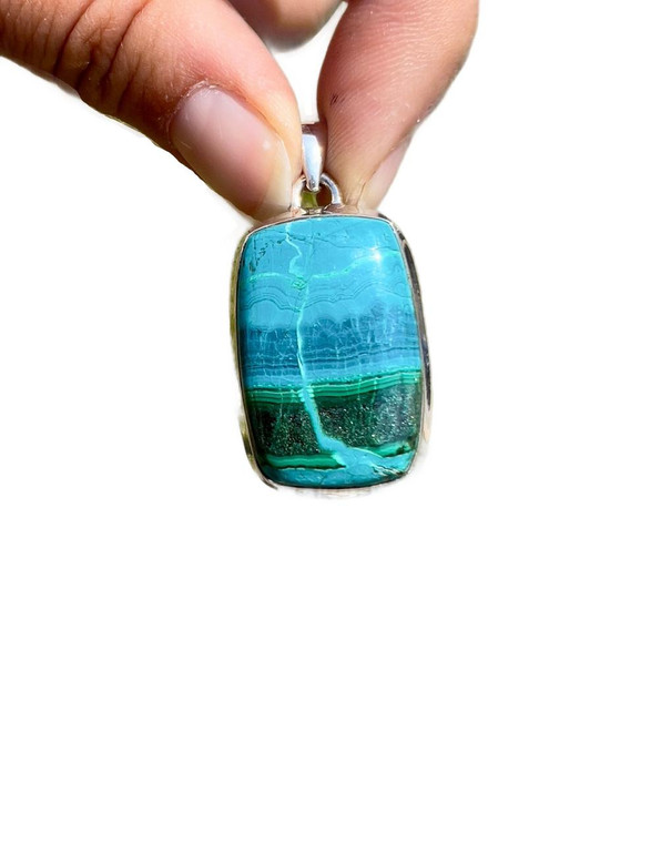 Chrysocolla Malachite Polished Rectangle Pendant - Sterling Silver - No.948 